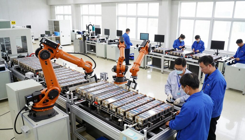 A detailed, high-tech manufacturing facility focused on battery production. In the foreground, a group of engineers in professional attire analyze a large, intricate battery assembly line with advanced machinery and robotic arms actively assembling lithium-ion cells. The middle ground showcases various stages of the battery manufacturing process, including quality control and testing stations, with engineers examining the batteries under bright, even lighting. The background features large windows allowing natural light to filter in, creating a clean, sterile atmosphere. The overall mood is one of precision and innovation, emphasizing the complexity and meticulousness behind battery production that leads to variance in the final products. The scene is captured from a slightly elevated angle to provide a comprehensive view of the operations, with a focus on clarity and visual appeal.
