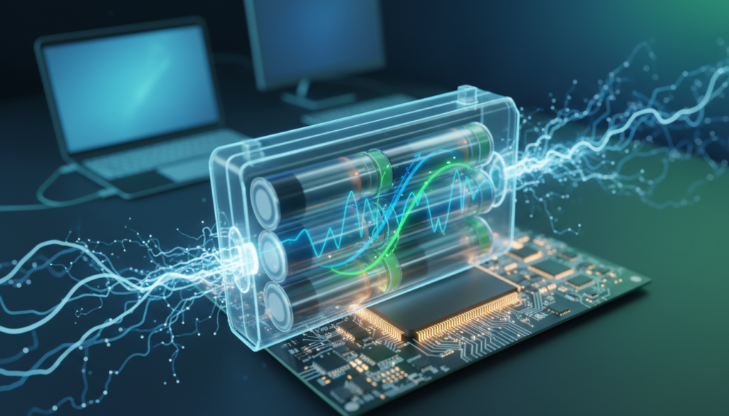 A detailed illustration of laptop battery charge cycles, depicted in a semi-transparent battery at the center, showcasing internal components like lithium cells and electrodes along with graphical waveforms representing charging and discharging phases. In the foreground, features include subtle sparks or energy flows emanating from the battery, emphasizing dynamic activity. The middle ground contains a circuit board with glowing connections, hinting at electrical processes. In the background, a faint silhouette of a laptop and a workstation setup gives context. The scene is well-lit with cool blue and green atmospheric lighting, creating a techy mood, captured with a shallow depth of field to draw attention to the battery's intricate details. The composition evokes a sense of ongoing energy transformation and technological evolution.