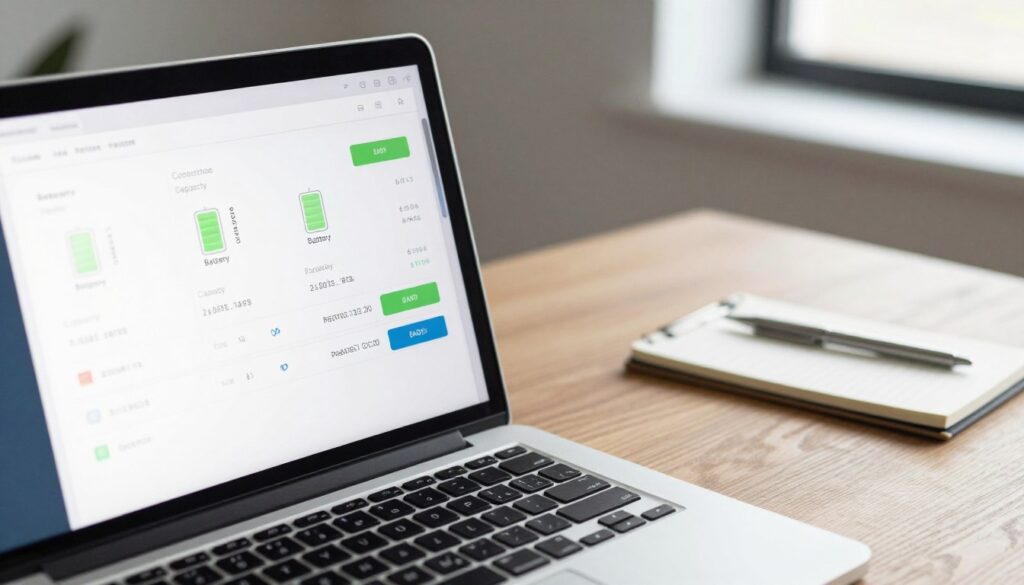 A detailed screenshot of a Windows battery report displayed on a laptop screen, showcasing important information such as battery capacity, cycle count, and health metrics. The foreground features a sleek laptop with a modern design, its screen glowing softly with the battery report. In the middle, the setting is a tidy, professional workspace, with a wooden desk and minimalistic office items like a notepad and a pen. The background includes a softly blurred view of a window letting in natural light, enhancing the serene atmosphere. The angle is slightly above the laptop, capturing the screen clearly while maintaining focus on the workspace around it. The mood is professional and informative, perfect for illustrating a tech-oriented article. A detailed screenshot of a Windows battery report displayed on a laptop screen, showcasing important information such as battery capacity, cycle count, and health metrics. The foreground features a sleek laptop with a modern design, its screen glowing softly with the battery report. In the middle, the setting is a tidy, professional workspace, with a wooden desk and minimalistic office items like a notepad and a pen. The background includes a softly blurred view of a window letting in natural light, enhancing the serene atmosphere. The angle is slightly above the laptop, capturing the screen clearly while maintaining focus on the workspace around it. The mood is professional and informative, perfect for illustrating a tech-oriented article.