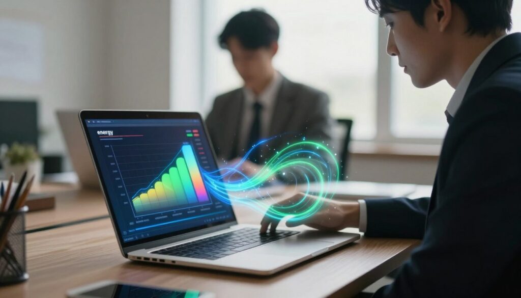 A dynamic composition visualizing the concept of "energy" related to laptop battery management. In the foreground, a sleek, modern laptop glows softly, its screen displaying an energy consumption graph with vibrant colors. Surrounding the laptop, abstract swirls of light and energy patterns in blue and green, symbolizing efficient energy flow. In the middle, a blurred silhouette of a professional in business attire, attentively monitoring the screen, represents focus and productivity. In the background, a soft-focus desk environment illuminated by natural light streams through a window, creating a calm, organized workspace atmosphere. The mood exudes a sense of efficiency and control, emphasizing the importance of managing energy use. The composition should have a slightly elevated angle, providing a clear view of the laptop and the user’s engagement with it.