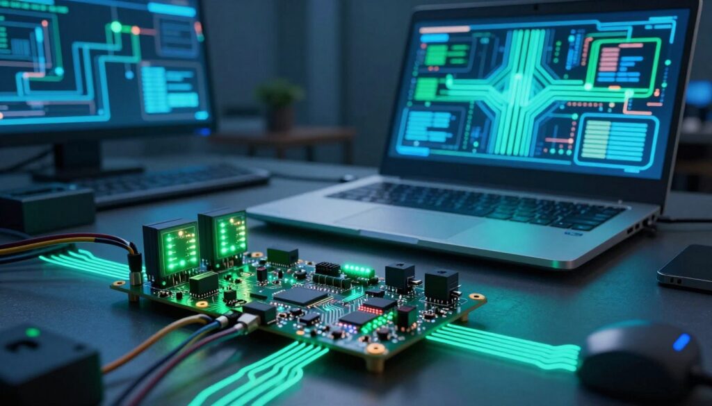 A dynamic, high-tech visualization of system sensors measuring voltage and power within a laptop environment. In the foreground, intricate circuit boards and sensors display glowing LED indicators for voltage levels, surrounded by wires and energy pathways. In the middle ground, a laptop with its casing slightly open reveals detailed graphics of the thermal management system, showcasing how thermal throttling is visually represented. The background features a softly illuminated workspace with abstract diagrams illustrating electrical flow. Utilize cool blue and green tones to emphasize a technical atmosphere, with dramatic lighting casting subtle shadows for depth. Capture the scene from a slightly elevated angle to highlight the intricate details and create a sense of urgency and complexity.