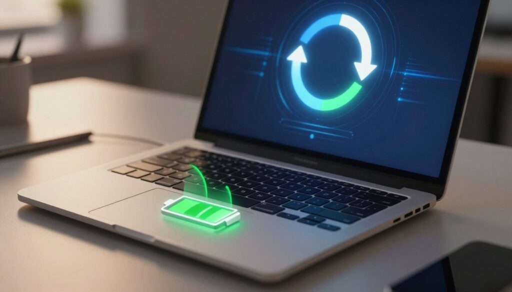 A high-tech laptop sits on a sleek desk, the screen displaying a vibrant, animated "refresh" icon surrounded by dynamic circular arrows symbolizing background activity. In the foreground, a close-up of a battery icon illustrates a low charge, with green energy waves emanating from it. The middle ground features the laptop's keyboard with subtle reflections, illuminated by soft, ambient lighting that casts gentle shadows, creating a warm, focused atmosphere. The background shows a blurred office environment, hinting at a productive workspace. The overall mood is slightly tense but informative, emphasizing the unseen processes draining battery life. Use a high perspective, capturing the intricate details and modern design, ensuring clarity and focus on the laptop and battery icon without any text or distractions.