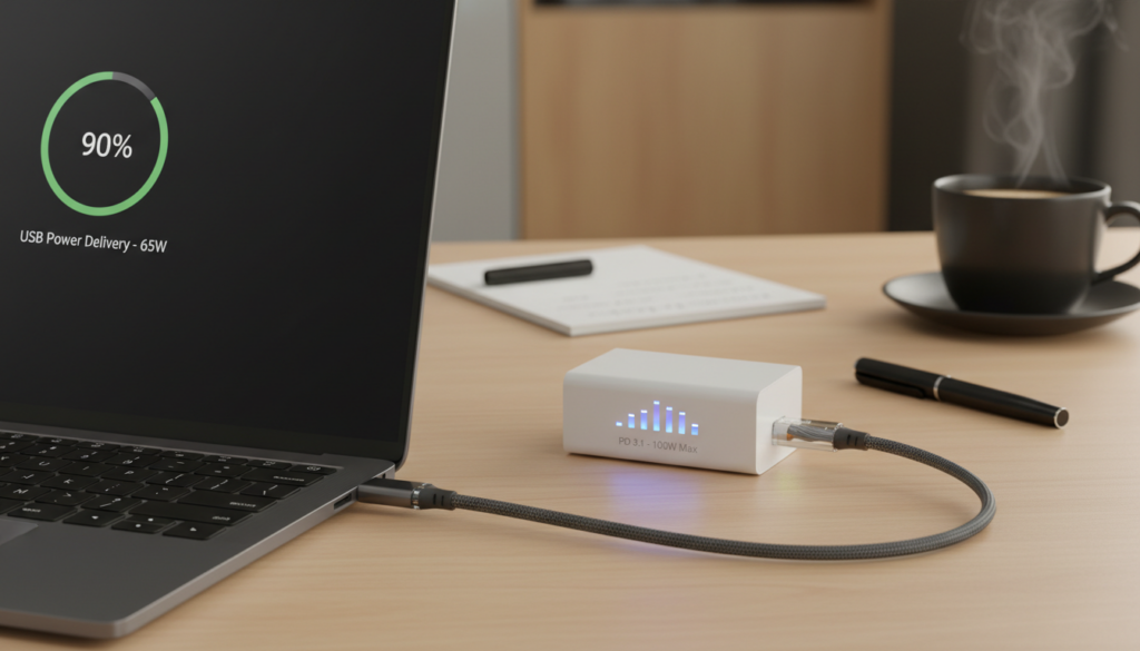 A modern USB-C laptop charging setup, showcasing the intricate workings of USB Power Delivery. In the foreground, a sleek laptop with an open screen displays charging indicators, and a USB-C cable connects it to a compact power delivery source. The middle layer features a glowing USB-C charger with LED lights, illustrating its power output features. The background has a softly blurred workspace setting, including a minimalist desk, a notepad, and a stylish coffee cup, enhancing the focus on the technology. Soft, warm lighting creates an inviting atmosphere, with a narrow depth of field that emphasizes the laptop and charger, providing a professional, modern look to highlight the essentials of USB Power Delivery in laptop charging.