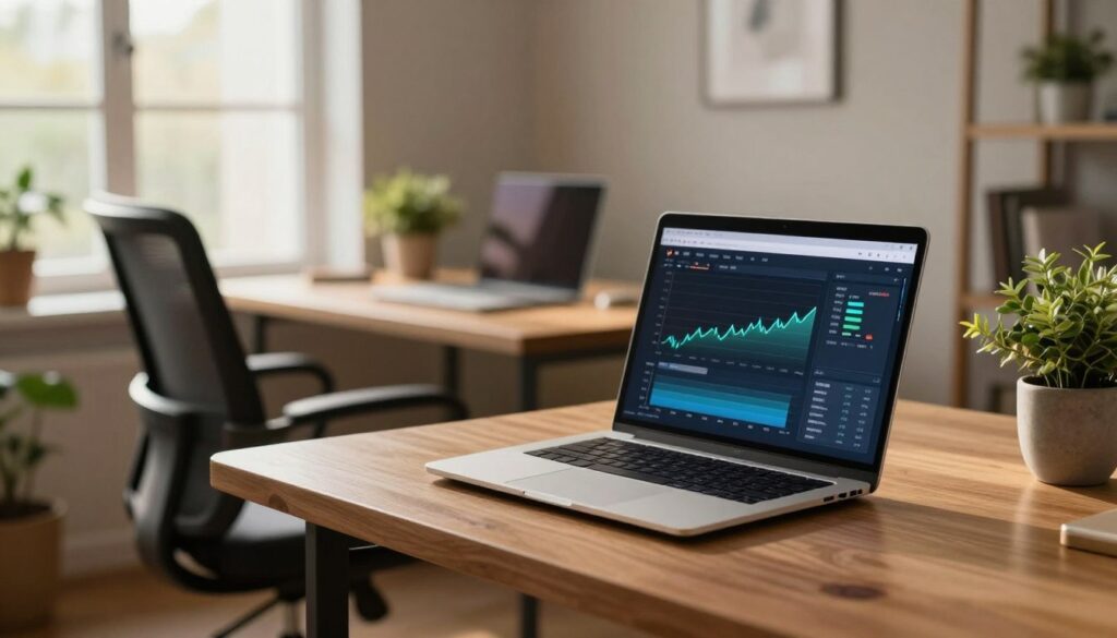 A modern home office featuring a sleek laptop on a wooden desk, with a cozy atmosphere. In the foreground, the laptop screen glows softly, displaying insightful graphs about battery performance. In the middle ground, a comfortable ergonomic chair is positioned next to the desk, and a small potted plant adds a touch of greenery. The background showcases a well-lit room with warm, natural light streaming in from a large window, emphasizing the importance of room temperature. The lighting creates a calm and inviting ambiance, ideal for productivity. The image should evoke a sense of focus and clarity, illustrating a space where technology and comfort harmoniously coexist, highlighting the connection between environment and device performance.
