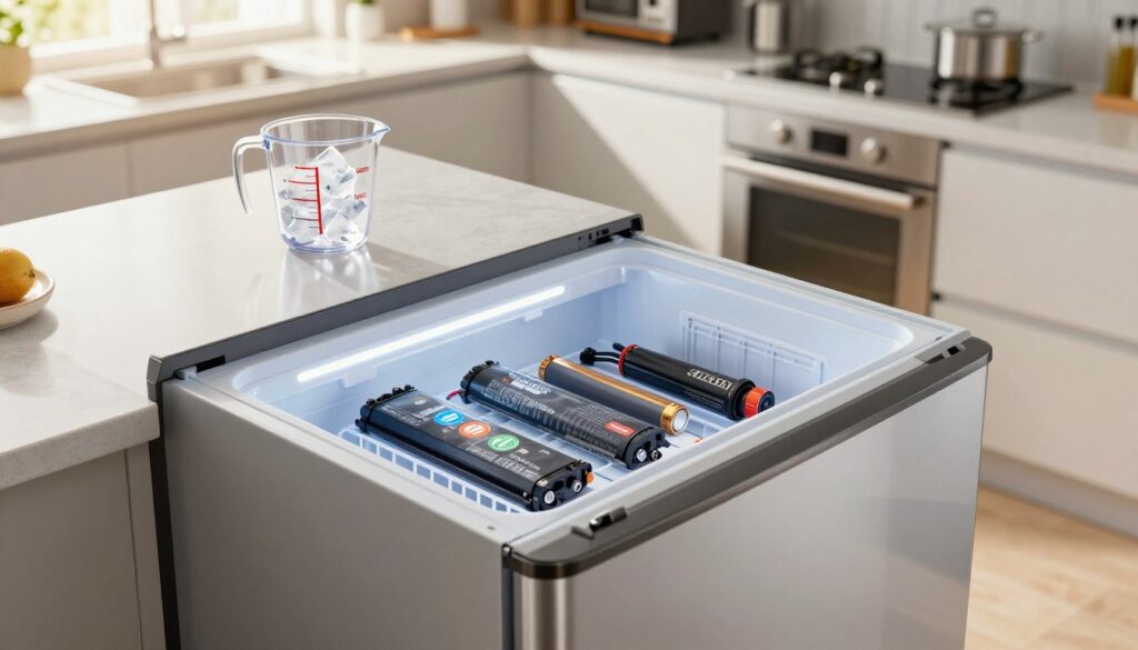 A modern kitchen environment featuring a large, sleek freezer prominently displayed in the foreground. The freezer is opened slightly, revealing a neatly organized interior filled with various tools and gadgets related to technology and battery maintenance, such as a laptop battery wrapped in a protective bag. In the middle ground, a countertop holds a measuring cup with ice cubes, symbolizing the freezing process. The background showcases a bright, well-lit kitchen with stainless steel appliances and a hint of sunlight streaming through a window, creating a warm and inviting atmosphere. The angle is slightly above eye level, offering a comprehensive view of the scene while maintaining a focus on the freezer and its contents, eliciting curiosity about the effects of freezing batteries.