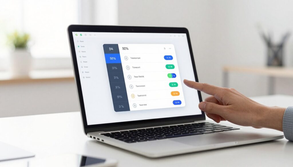 A modern laptop display showcasing the ideal screen timeout settings for users, set against a clean, minimalist workspace. In the foreground, a user’s hand adjusts the screen settings, highlighting a settings menu with clear, vibrant icons representing various timeout durations. The middle ground features the sleek laptop, open and displaying a bright, engaging interface with percentage indicators for battery life. The background shows a bright, airy office environment with soft natural light streaming through a window, enhancing the professional mood. A narrow depth of field focuses on the laptop screen while gently blurring out the background details, creating a serene and focused atmosphere conducive to productivity. Emphasize a sense of ease and efficiency.