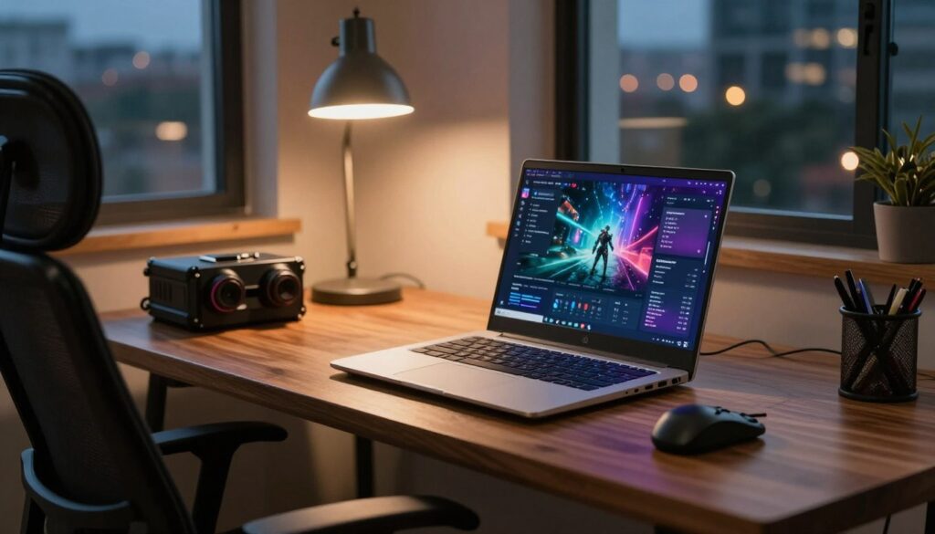 A modern laptop is charging under heavy load, placed on a sleek wooden desk in a cozy home office. The laptop screen displays a colorful gaming interface and shows various applications running simultaneously. The foreground features a well-organized workspace, including a comfortable ergonomic chair and gaming accessories. In the middle, soft warm lighting from a desk lamp creates a focused atmosphere, highlighting the laptop. In the background, a window reveals a dusk setting with city lights twinkling outside, adding a calm ambiance. The scene is shot from a slight angle, showcasing the laptop, and conveys a sense of efficiency and productivity, ideal for gamers or professionals balancing work and play.