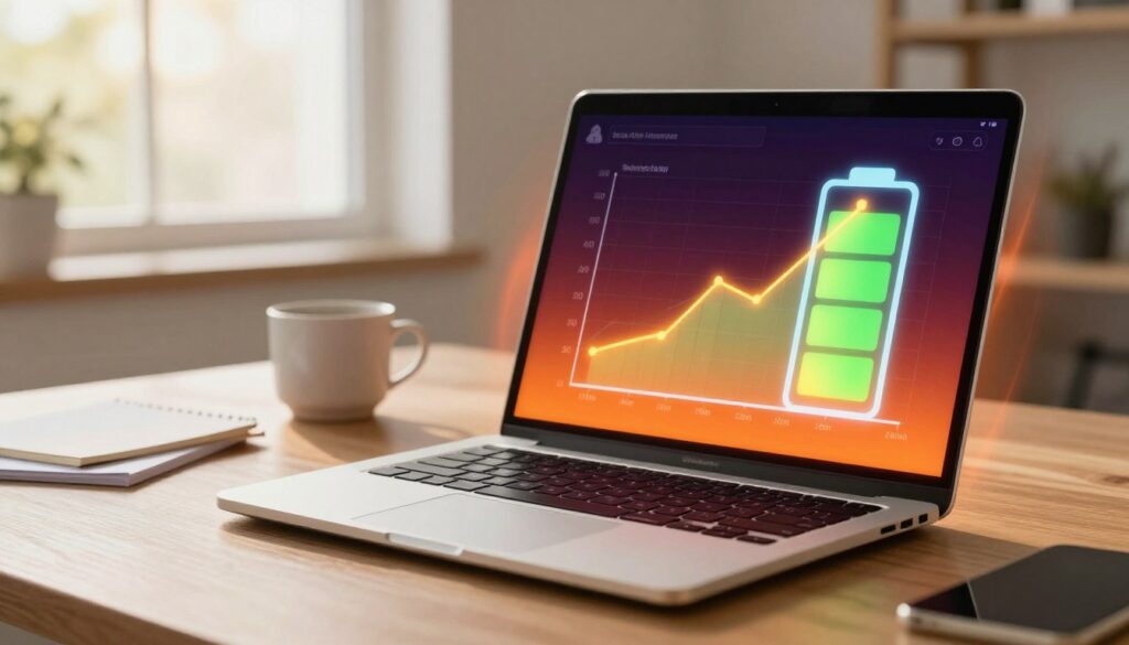 A modern laptop is prominently featured in the foreground, showcasing a sleek design with an open screen displaying a battery health monitor. Beside it, a visual representation of battery cycles is depicted as a dynamic graph illustrating increasing usage over time. In contrast, a heat emanation effect surrounds the laptop, represented by warm colors and a glowing aura to signify overheating. The middle ground includes subtle details like a desk with scattered notes and a coffee cup, emphasizing a work environment. In the background, soft-focus elements like a window revealing a sunny day add brightness. The lighting is warm and inviting, creating a balanced atmosphere of productivity and concern. The image captures the essence of the debate on battery damage factors, focusing on cycles versus heat.