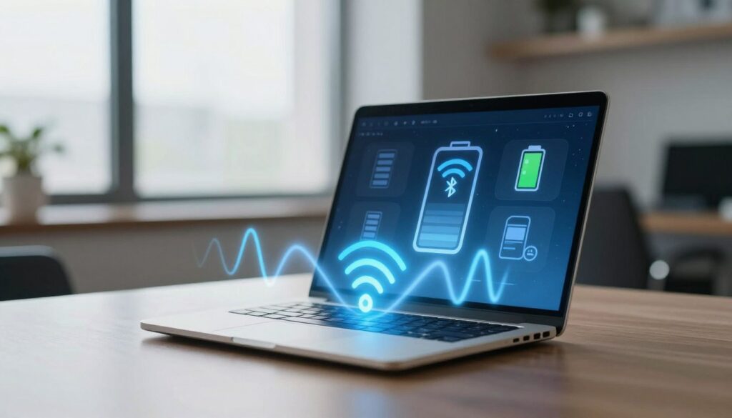A modern laptop sits at the center of the image, its screen illuminated with various icons representing Wi-Fi and Bluetooth connections. In the foreground, graphical energy waves emanate from the laptop, symbolizing wireless power drain. The middle ground features a subtle, abstract representation of energy loss, with fading battery icons and low power symbols. In the background, a stylish office setting is depicted, with soft, natural lighting filtering through a window, adding to the technology-focused atmosphere. The angle is slightly elevated, giving an authoritative view of the laptop and its surroundings. The mood reflects concern and curiosity about energy efficiency in wireless technology, emphasizing the impact of connectivity on battery life.