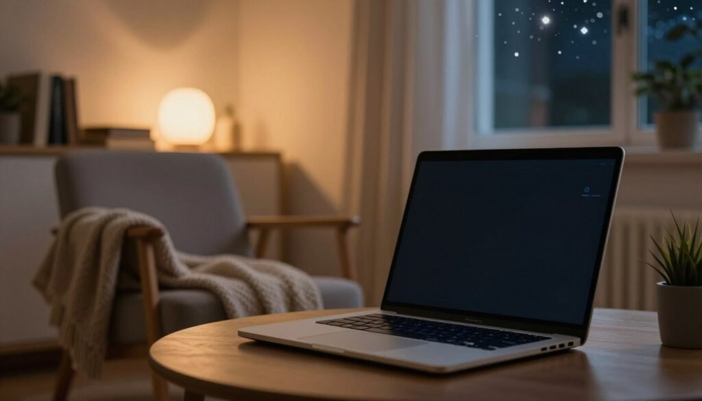 A serene, cozy scene depicting a laptop in hibernation mode, surrounded by a softly lit room. In the foreground, the laptop's screen is dark, but a faint glow emanates from the power indicator, suggesting it is in a low-power state. In the middle, a comfortable chair and a warm blanket are casually draped over the armrest, inviting a sense of stillness and relaxation. The background features a softly illuminated shelf with books and a small plant, casting gentle shadows on the walls, enhanced by warm, ambient lighting. A window reveals a peaceful nighttime landscape outside, with twinkling stars. The atmosphere conveys tranquility and the comforting embrace of a leisurely pause, symbolizing hibernation’s role in conserving energy and efficiency.