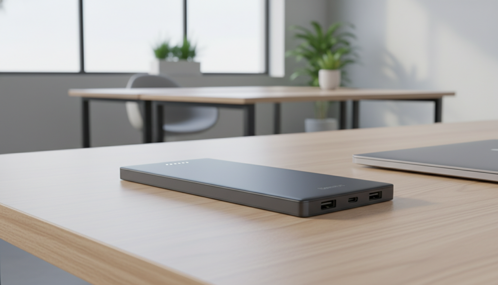 A sleek Baseus Blade 20,000 mAh power bank, showcased prominently in the foreground, with its thin design and modern aesthetics highlighted. The power bank should feature a smooth, matte finish, showcasing the USB-C ports and LED indicators subtly. In the middle ground, a clean wooden desk adds warmth and texture, with a laptop partially visible, hinting at the tech-savvy context. The background should consist of a softly blurred contemporary office environment, illuminated by natural light streaming through a large window, creating a professional and inviting atmosphere. The angle should be slightly tilted from above, capturing the power bank's sleek profile while maintaining focus on its features, conveying functionality and style without any distractions.