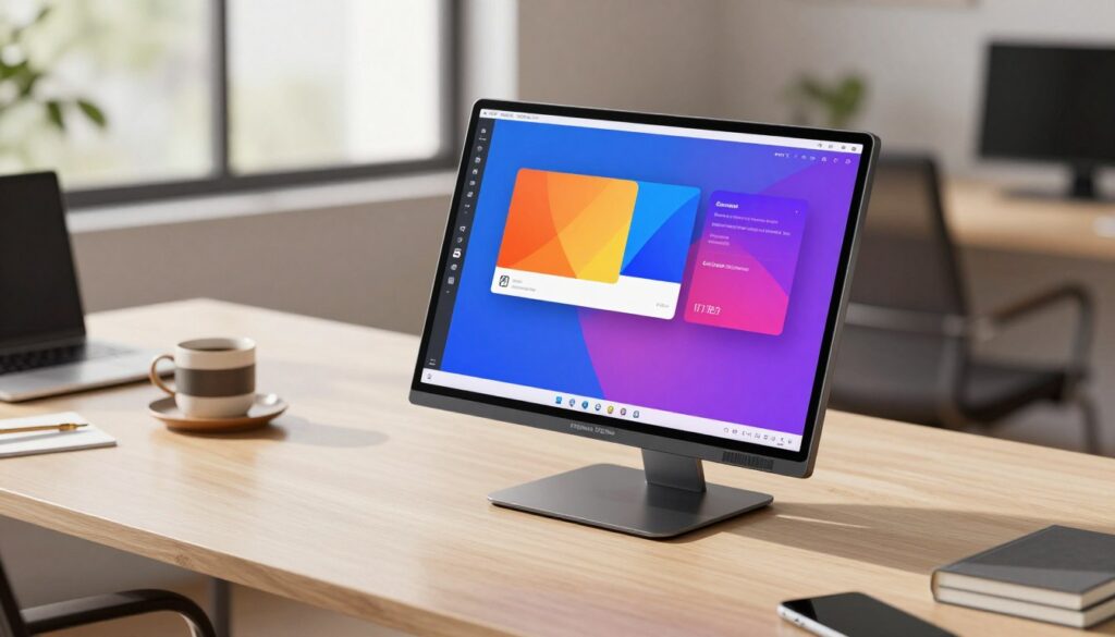 A sleek Espresso Displays 17 Pro portable monitor, positioned prominently in the foreground, showcasing its ultra-slim profile and vibrant screen. The screen displays a colorful graphic design work, emphasizing its display quality and versatility. In the middle ground, a modern workspace with a minimalist desk featuring a laptop, a stylish coffee cup, and scattered design tools. Soft, diffused natural light streams in from a large window, creating a warm and inviting atmosphere. The background is a blurred contemporary office setting with subtle hints of greenery, adding a touch of professionalism. The angle is slightly above eye level, focusing on the monitor to highlight its functionality in a creative workspace, evoking a mood of innovation and productivity.