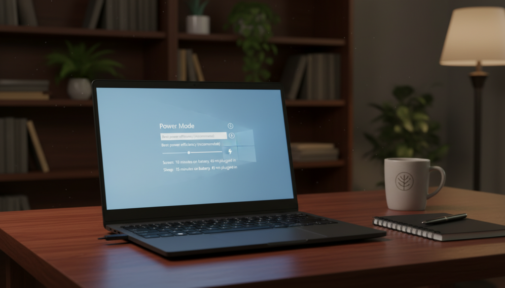 A sleek laptop on a polished wooden desk, glowing softly in a dimly lit office space. In the foreground, display a close-up of the laptop screen showing the Windows power settings interface, with clear indicators and options visible. The middle layer includes stylish office accessories like a notepad and a coffee cup, adding to the professional atmosphere. In the background, softly blurred shelves filled with books and plants enhance the ambiance. Use warm, gentle lighting to create a focused and inviting mood, suggesting productivity and efficiency. Capture the scene from a slightly elevated angle, emphasizing the laptop while giving a sense of the organized workspace. The overall atmosphere should convey a sense of calm and concentration, reflecting an ideal work environment for optimizing battery life.