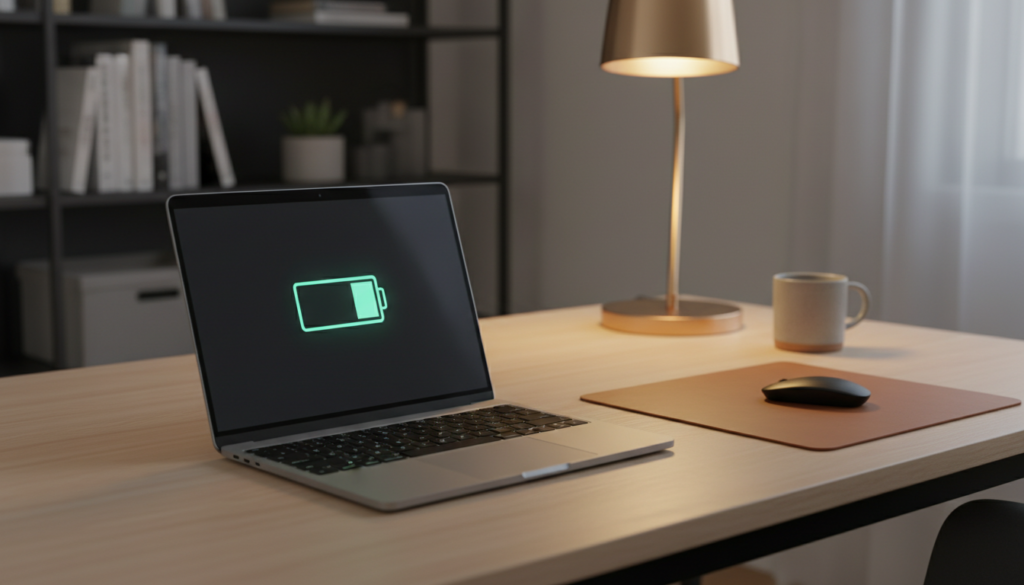 A sleek, modern laptop sits on a wooden desk in a softly lit home office. The laptop is open, displaying a visually striking battery icon with a full charge indicator prominently featured on the screen. In the foreground, a close-up of the laptop's battery status light glows green, suggesting safety and reliability. In the middle ground, an elegant desk lamp casts a warm light, creating a cozy atmosphere. The background includes blurred shelves filled with books and a small plant, enhancing the modern workspace vibe without distracting from the main subject. The image is captured from a slightly elevated angle, offering a dynamic perspective that emphasizes the laptop's design. Overall, the mood is calm and reassuring, highlighting the efficiency of modern laptop batteries.