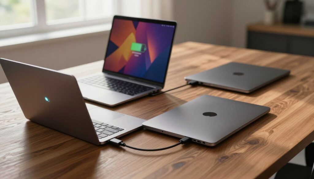A sleek, modern workspace featuring three high-end laptops in various stages of charging. In the foreground, a laptop with a glowing battery indicator and a thin charging cable, highlighting its elegant design. The middle layer shows another laptop with its lid slightly open, displaying a vibrant screen with battery stats, while a third laptop sits closed next to it, all on a polished wooden desk. In the background, soft natural light filters through a window, creating a warm and inviting atmosphere. The scene captures a sense of technological sophistication and daily productivity, with shadows softly cast to enhance depth. The angle is slightly elevated, providing a clear view of the laptops, while maintaining a focus on their modern aesthetic and functionality.