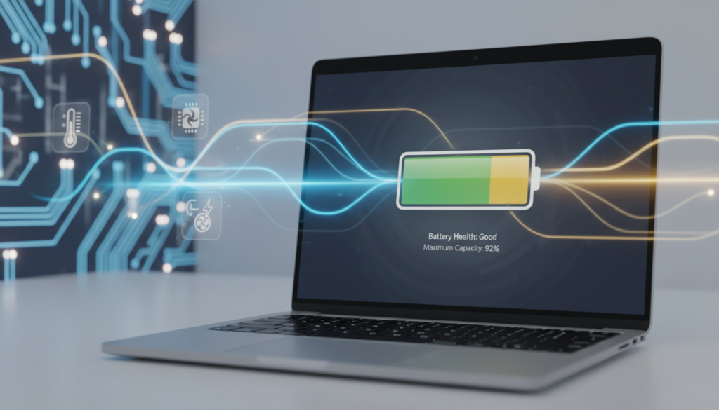 A visually engaging depiction of "battery health" in the context of macOS power management. In the foreground, a sleek MacBook with an open screen displaying a detailed graphic of a battery icon, showing vibrant green and yellow health indicators. The middle layer features soft glowing elements representing energy flow, with digital icons symbolizing system processes like temperature control and charging optimization. In the background, a faint circuit board pattern adds a tech-savvy vibe, illuminated with blue and white lights to suggest high technology and precision. The atmosphere is polished and modern, evoking a sense of efficiency and reliability, captured with soft focus and a subtle depth of field effect, enhancing the serene yet advanced tone of battery management.