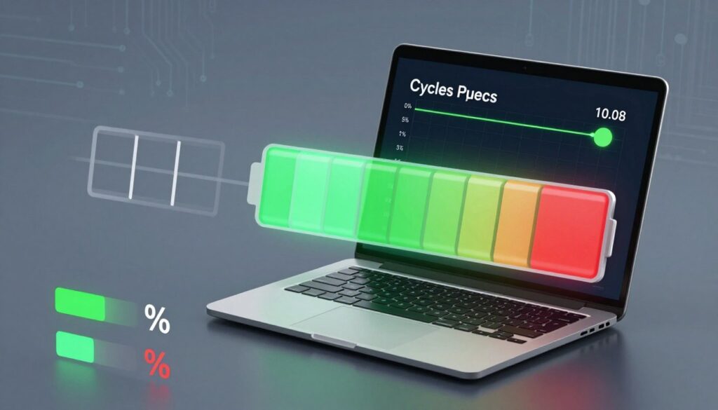 A visually engaging illustration of laptop battery charge cycles, featuring a rotating graphic of a battery icon transitioning through stages of charge from empty to full. In the foreground, include realistic digital indicators showing percentage levels and energy flow, with green and red hues representing charged and low states. In the middle, depict a sleek laptop with its screen displaying the charge cycle graph, highlighting the significance of cycles on battery health. In the background, a subtle technology-inspired gradient with circuit patterns creates an informative atmosphere. Use soft, diffused lighting to enhance the elements without harsh shadows, and a slight aerial angle to provide depth. The overall mood should convey a sense of modernity and professionalism, suitable for an educational article.
