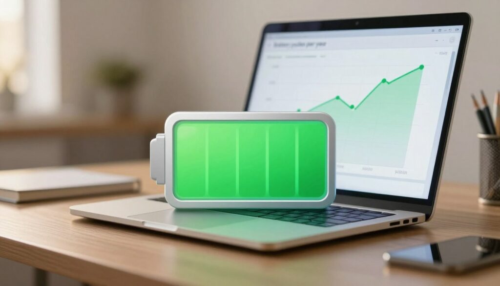 A visually striking illustration representing "battery cycles per year" focused on laptop usage. In the foreground, create a digital battery icon with a vibrant green charge level, emphasizing a cycle graphic that illustrates repeating arcs. In the middle ground, show a modern laptop resting on a desk, with an open screen displaying a graph tracking battery usage over time. In the background, include a subtle, out-of-focus home office environment with warm, inviting lighting to create a productive atmosphere. Use a soft focus lens to give depth and clarity to the battery and laptop. The overall mood should convey a sense of efficiency and balance, reflecting the daily routine of a professional user estimating their battery cycles. No text or logos.