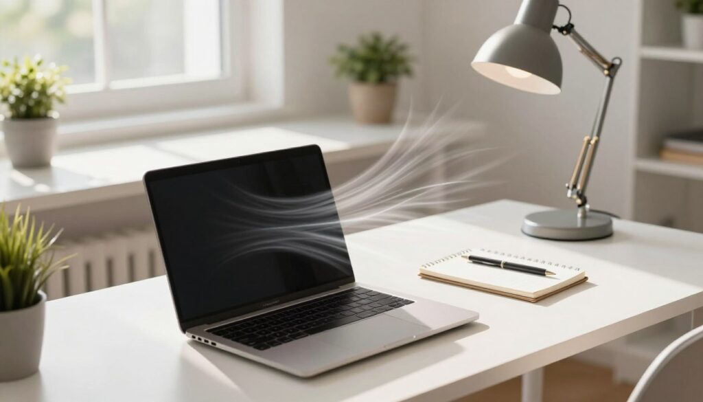 A well-organized, modern home office setup that emphasizes optimal airflow around a laptop. In the foreground, a sleek, open laptop is placed on a clean desk, with a gentle breeze indicated by soft flowing lines around it. In the middle, light and airy workspace features a few essential items—such as a stylish desk lamp, a tidy notepad, and a potted plant—that promote a refreshing atmosphere. The background showcases a window with sunlight streaming in, enhancing the scene's brightness and creating gentle shadows. The overall mood is calm and professional, highlighting the importance of effective ventilation for technology. The image should be captured from a slightly elevated angle to give a comprehensive view of effective workspace airflow dynamics.
