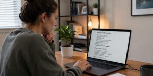 A young woman analyzing battery health readings on her laptop in a modern home office.