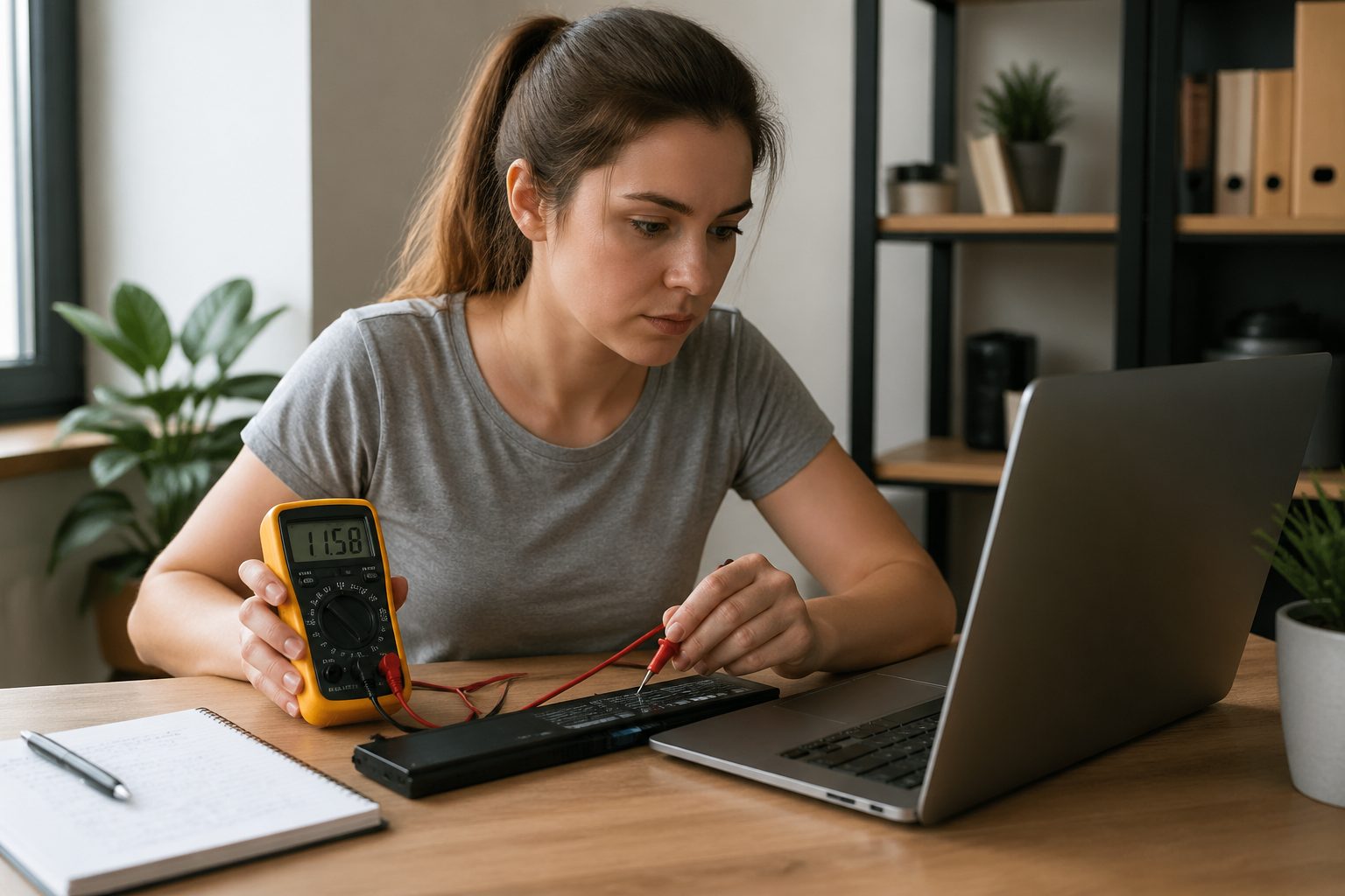 A young woman measuring a laptop battery's voltage with a multimeter while working at her desk.
