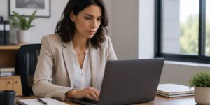 A professional woman auditing the battery health of a laptop in an office setting