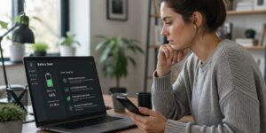 A young woman analyzing battery saver tips on her laptop in a modern home office.