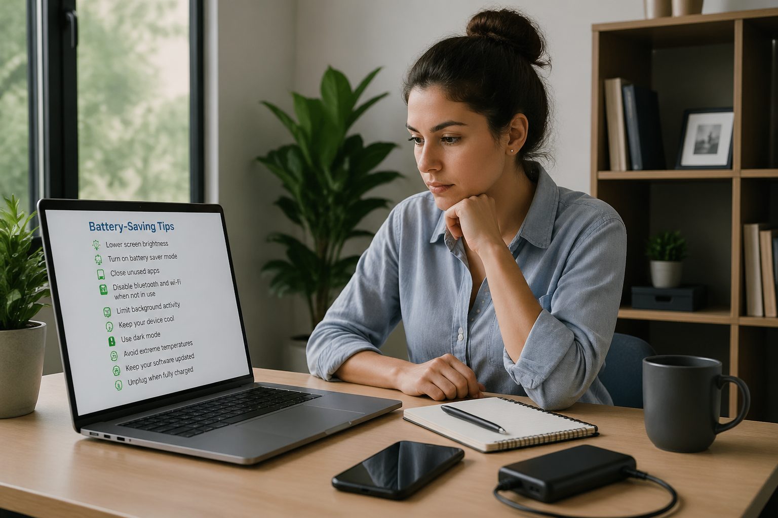 A young woman analyzing battery-saving tips on her laptop in a bright home office