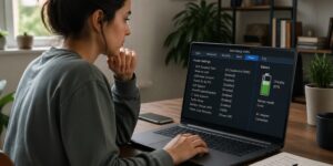A young woman adjusting BIOS settings on her laptop to improve battery runtime in a modern home office.