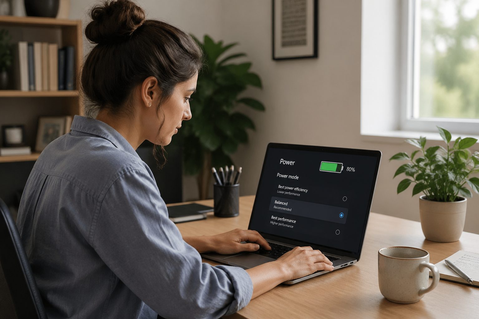 A woman adjusting power settings on her laptop in a home office, illustrating the impact of browser power modes on battery life.