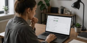A woman adjusting laptop power settings while using a browser with multiple tabs open in a home office