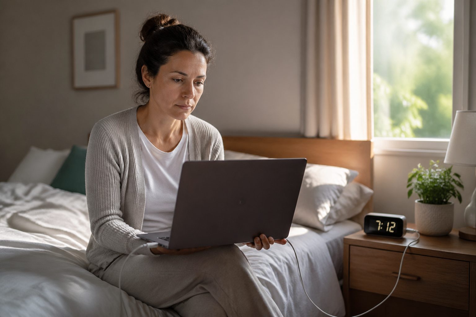 A woman sitting on her bed holding a laptop plugged into a charger, contemplating charging habits in a softly lit room