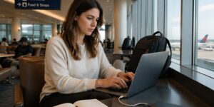 A woman charging her laptop with a power bank in an airport lounge while working on her notebook.