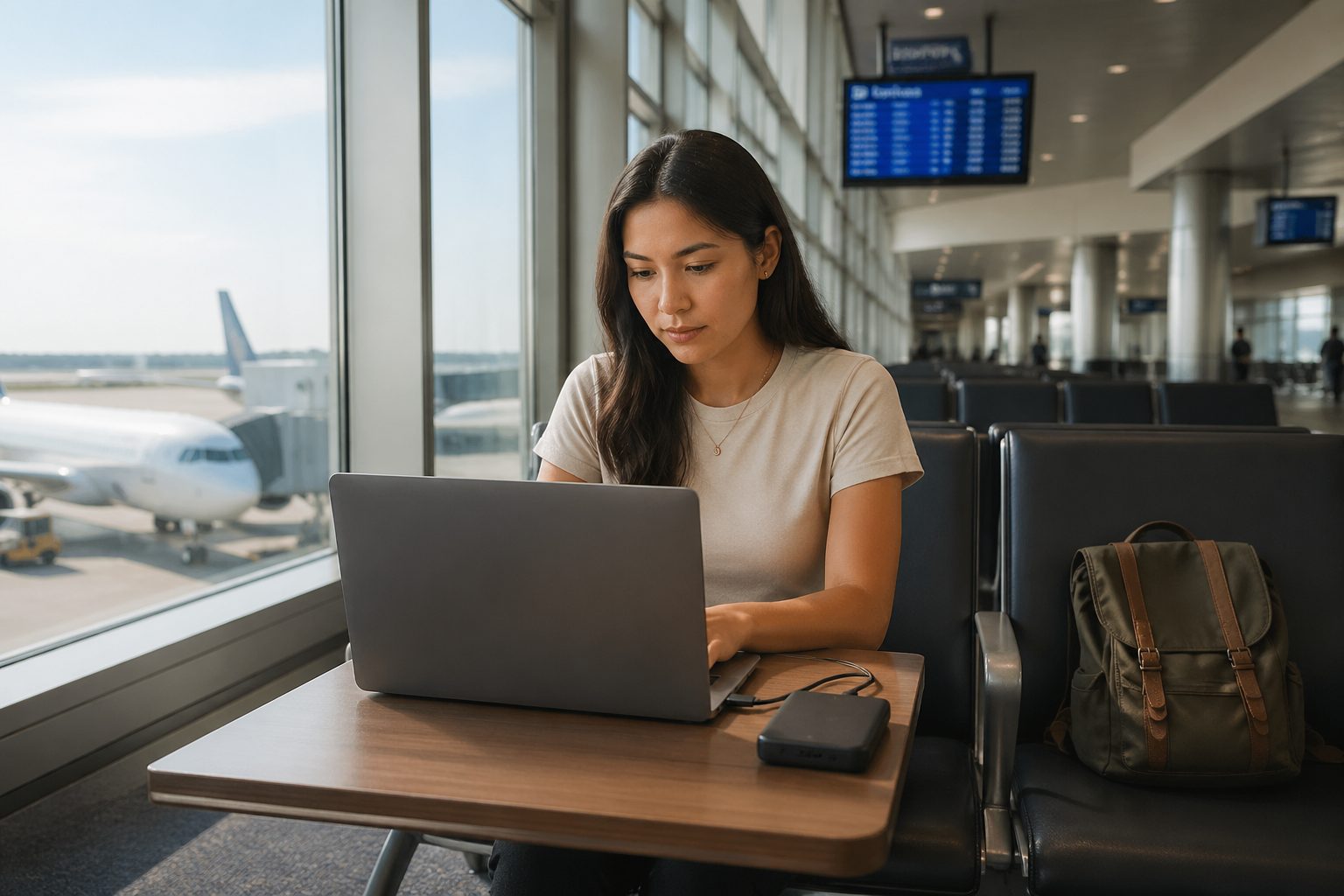 A young woman charging her laptop with a power bank at an airport terminal while working.