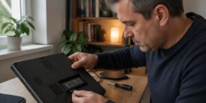 A man inspecting the battery health of an older laptop in a home office