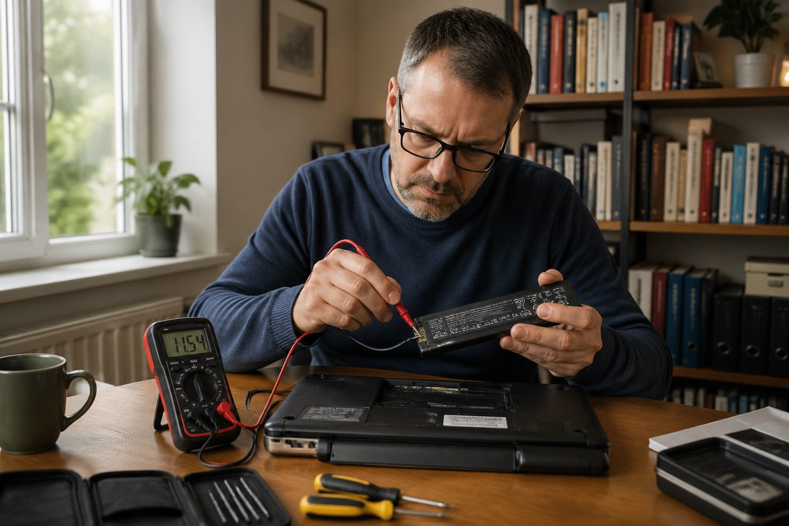 A man inspecting an older laptop battery with a multimeter in a home office setting.
