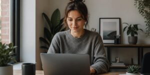 A woman using a laptop with dark mode on, focused on her work at a desk with natural light