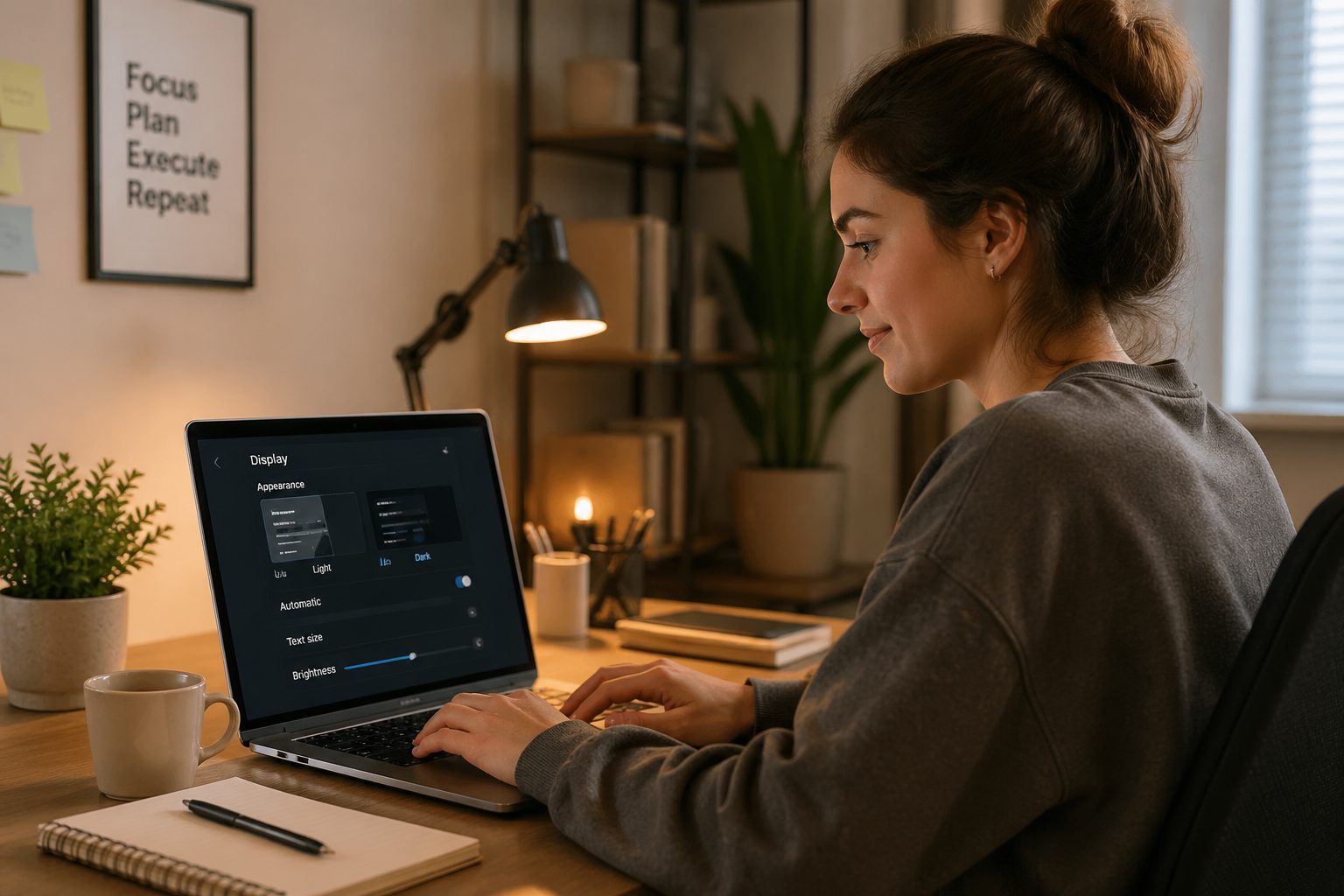 A woman using a laptop in dark mode at her home office desk, focused on her work.