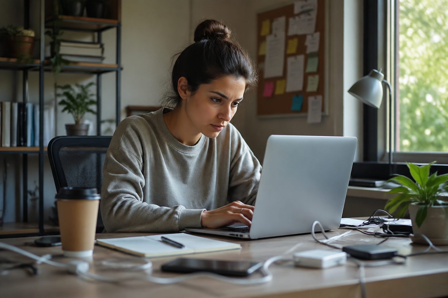 A woman working at a desk with a laptop, showing cluttered charging cables and a coffee cup, illustrating habits that can drain battery health.