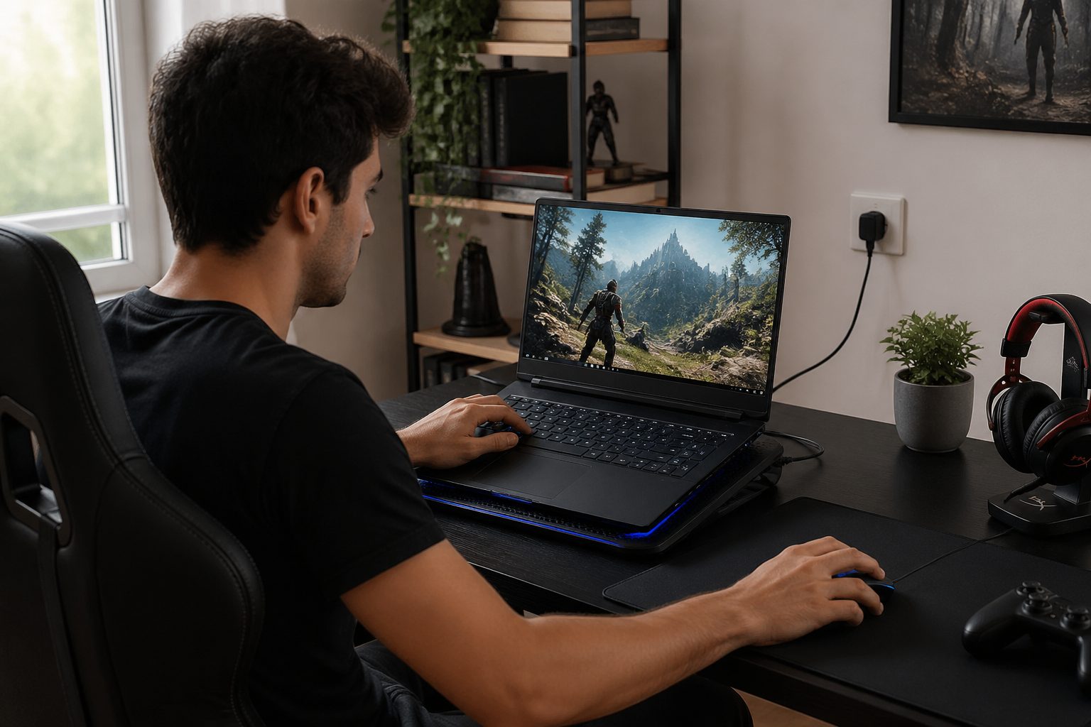 A young man gaming on a laptop while it is charging, showing a cooling pad and gaming accessories on the desk.