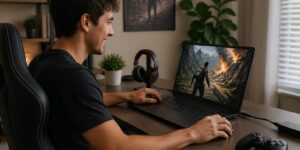 A young man gaming on a laptop while it is charging, focused on the screen with gaming accessories around him.