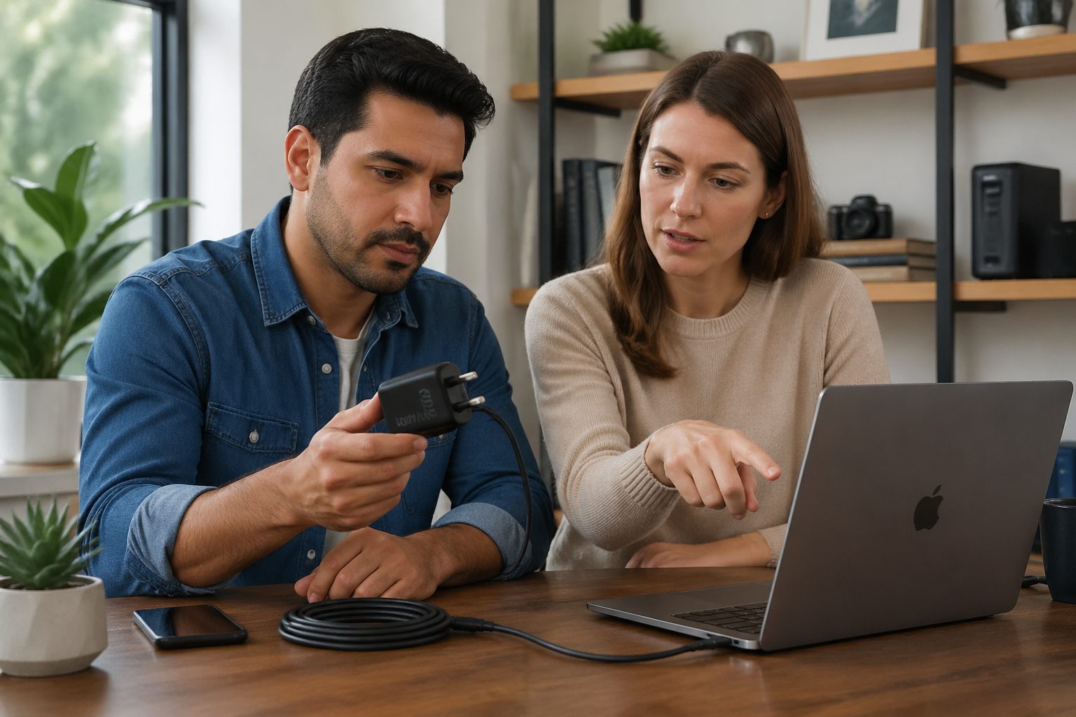 A man and woman examining a high-watt USB-C charger in a modern home office, focusing on its impact on laptop battery health.