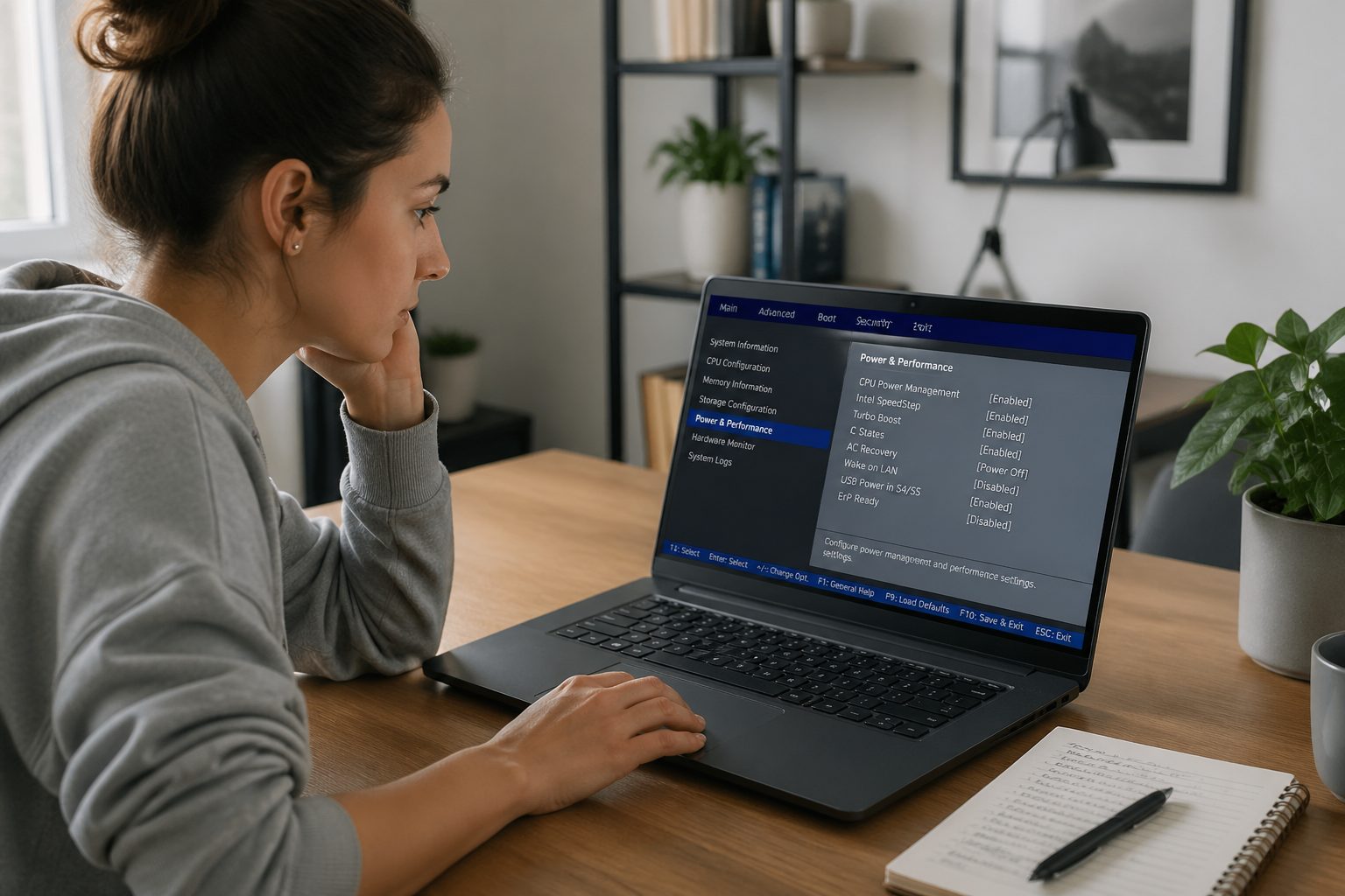 A woman adjusting BIOS power settings on her laptop in a home office