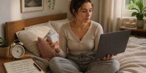 A woman contemplating charging her laptop in a cozy bedroom, holding a charger and laptop with a clock and notepad on the bedside table.