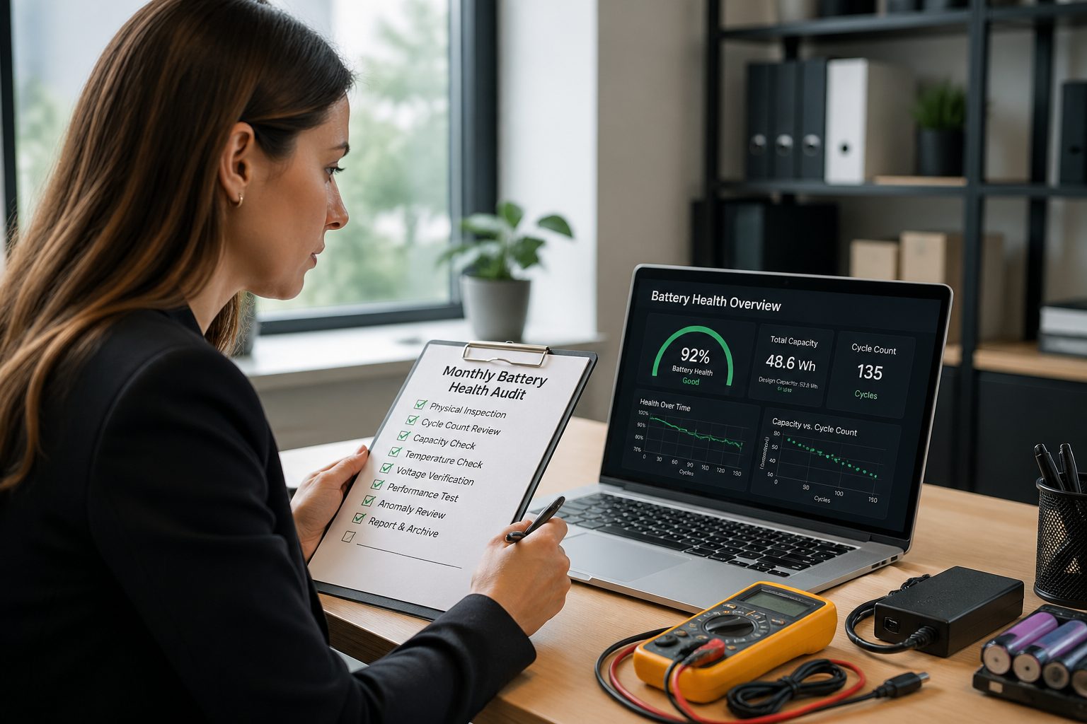 A woman in business attire reviewing battery health data on a laptop while holding a checklist in an office setting