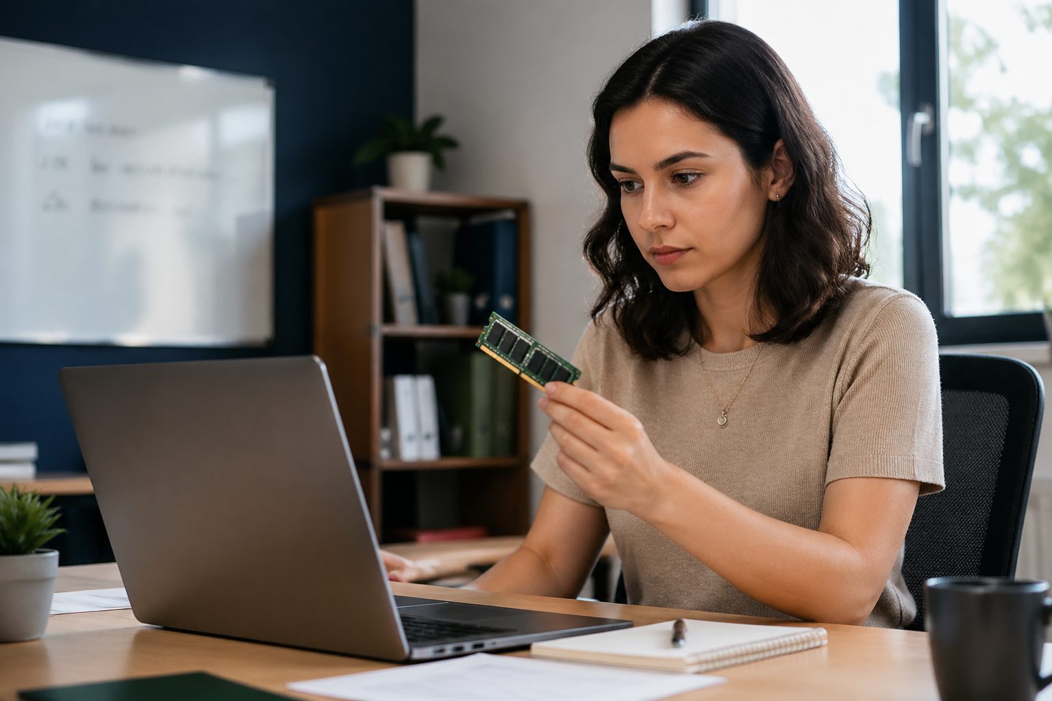 A woman examining her laptop and a RAM module in an office setting, focusing on battery health.