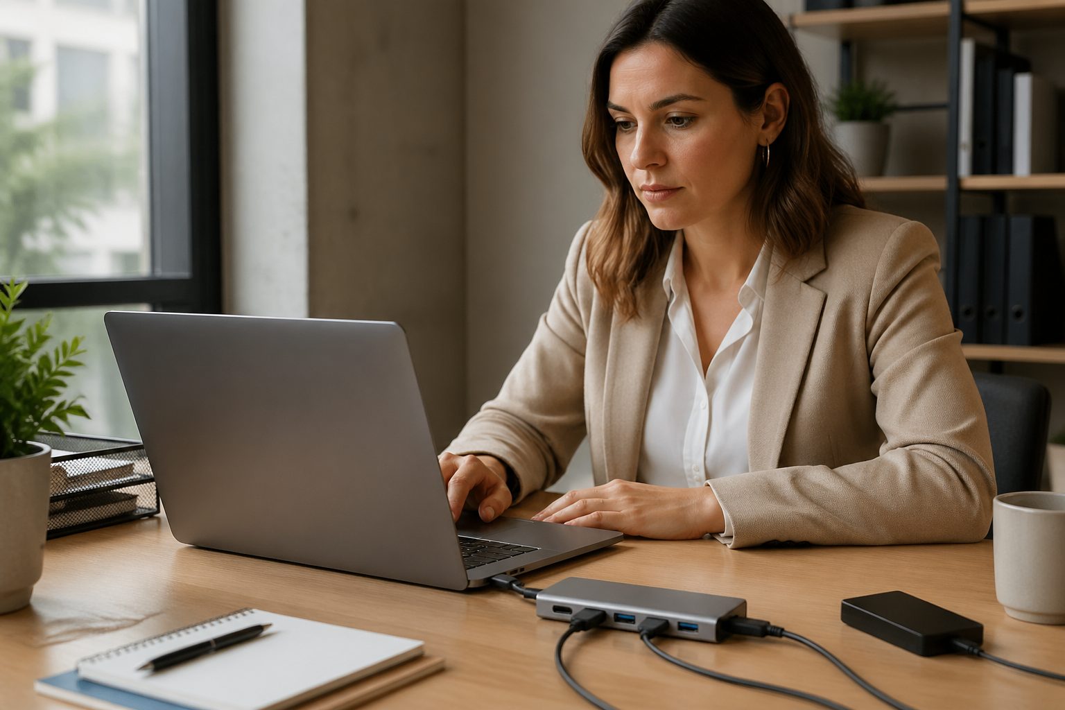 A woman working at a desk with a USB-C hub connected to her laptop, focusing on the charging indicator on the screen.