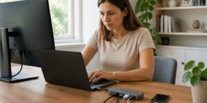 A woman working at a desk with a laptop connected to a USB-C hub, highlighting the charging setup and potential heat risks.