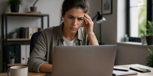 A young woman examining her laptop screen in a home office, looking puzzled by notifications about wake timers and background tasks.
