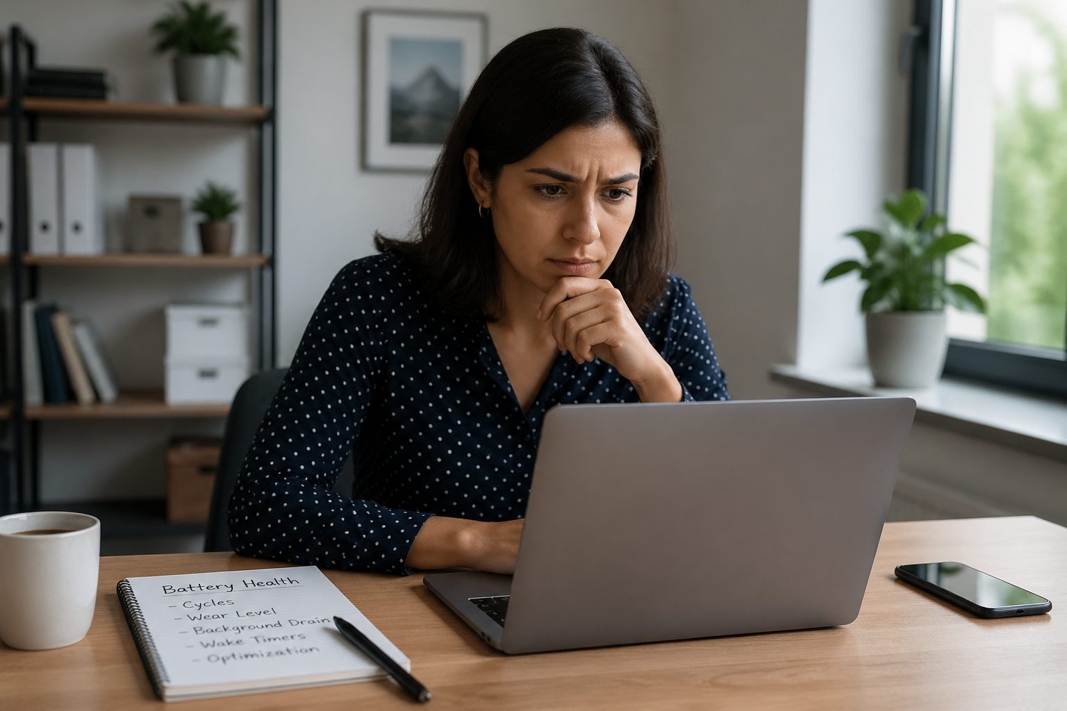 A woman at a desk looks at her laptop with a notification about wake timers and background tasks.
